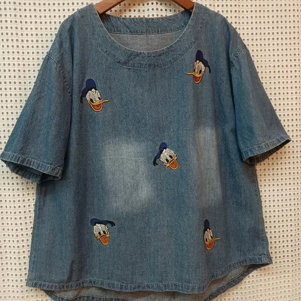 [BUNJANG] Blue Denim Donald Duck Embroidered Short Sleeve T-Shirt / 청 데님 반팔 티셔츠 도널드덕 자수 free