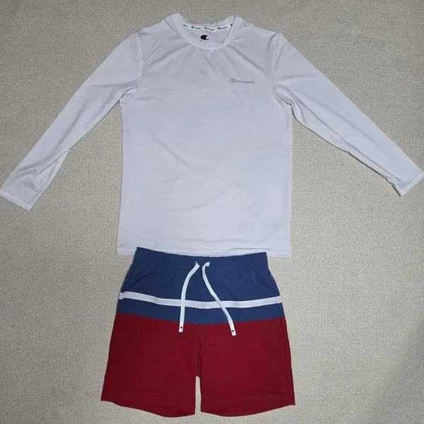 [BUNJANG] Champion Men's Rashguard & Board Shorts Set White/Navy-Red / 챔피온 래쉬가드/보드숏 수영복 세트