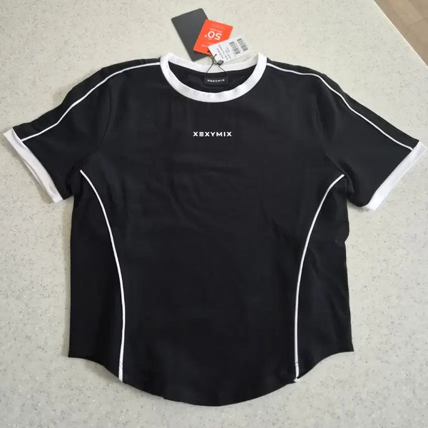 [BUNJANG] Xexymix Colorblock Piping Short Sleeve T-Shirt Black / 새상품-테그있음)배색 파이핑 포인트 숏슬리브(블랙)(젝시믹스)(30%할인)
