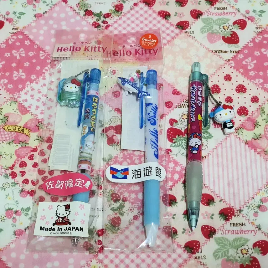[BUNJANG] Sanrio Hello Kitty Ballpoint Pen & Mechanical Pencil Set (3-Piece Bundle) / 고전 키티 볼펜 샤프 스트랩 3개 일괄 (오징어 상어고래 야마구치수영복)