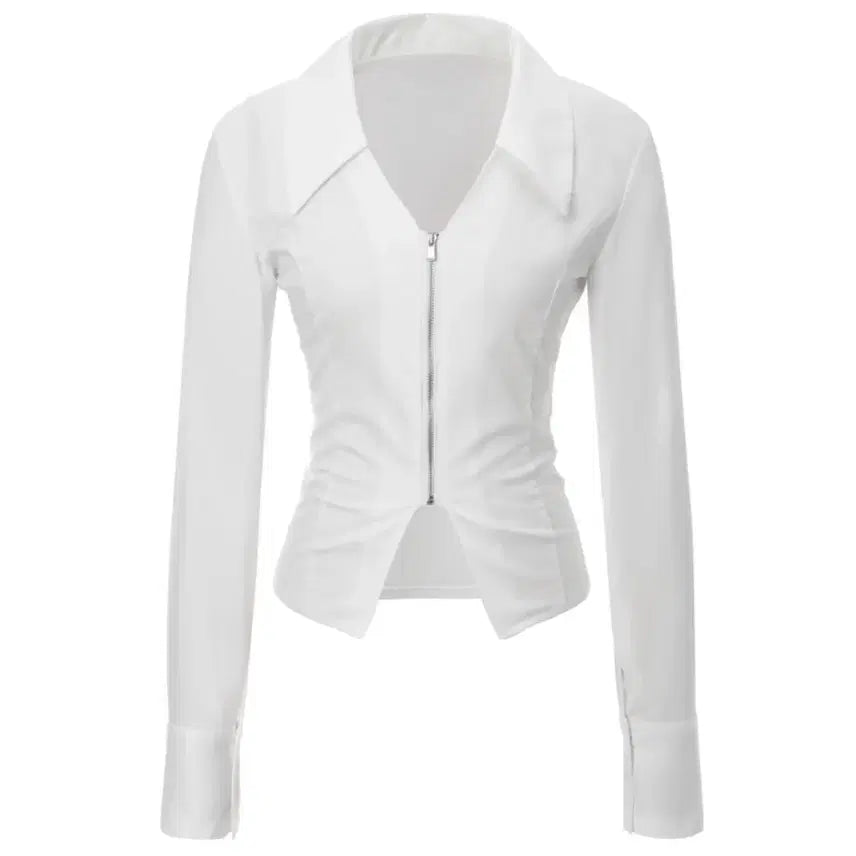 [BUNJANG] Khaki Point V Zip-up Shirt (White) / 카키포인트 V Zip-up Shirts(White)