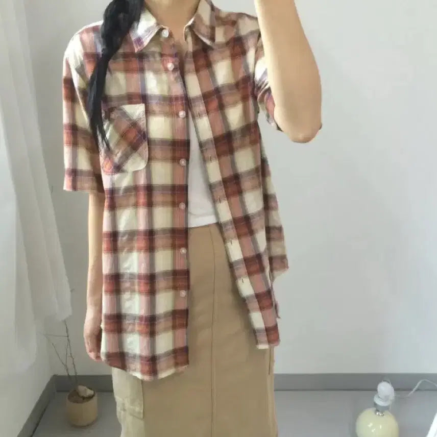 [BUNJANG] Vintage Orange Check Short Sleeve Shirt / 빈티지 오렌지 체크 반팔 셔츠