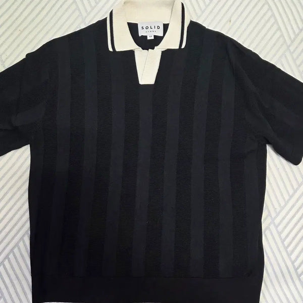[BUNJANG] Solid Homme Black Stripe Block Collar Knit 48 / 솔리드옴므 블랙 스트라이프 블록 카라넥 니트 48