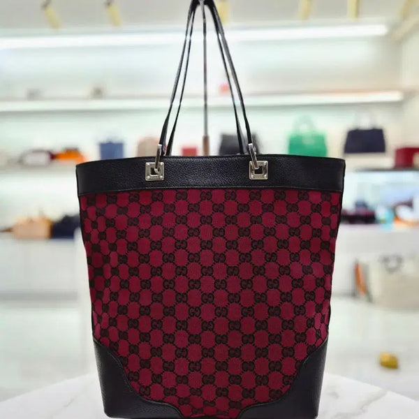 [BUNJANG] Gucci Jacquard Burgundy Medium Bucket Tote Shoulder Bag / 구찌 자카드 버건디 미듐 버킷 토트겸 숄더백  272377