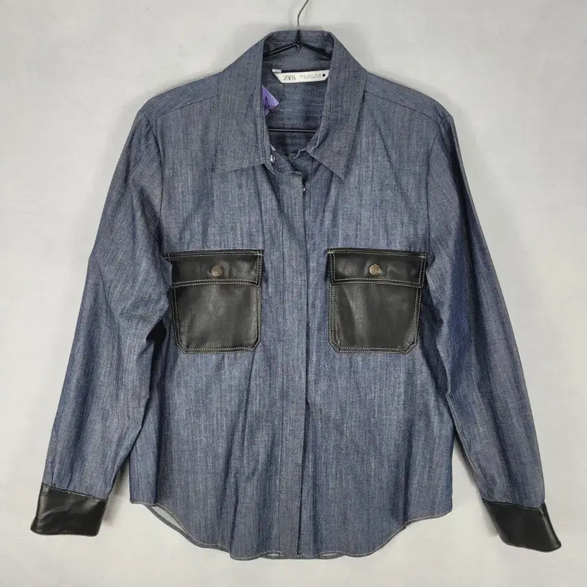 [BUNJANG] Zara Black Leather Pocket Denim Shirt / 자라 데님 셔츠 블랙 레더 포켓