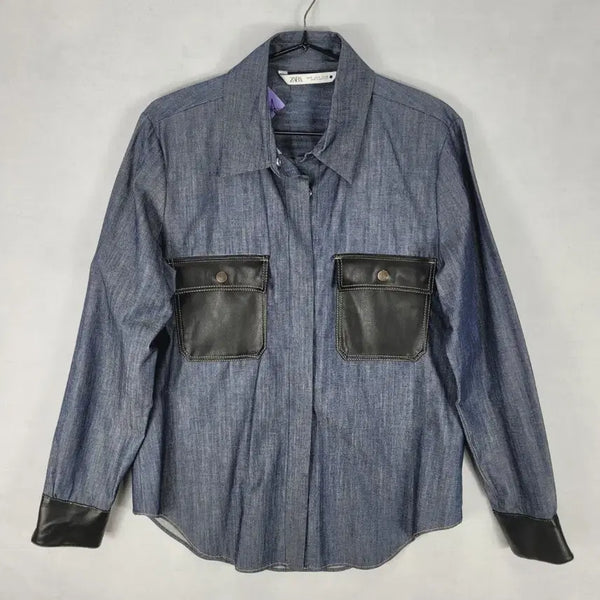[BUNJANG] Zara Black Leather Pocket Denim Shirt / 자라 데님 셔츠 블랙 레더 포켓
