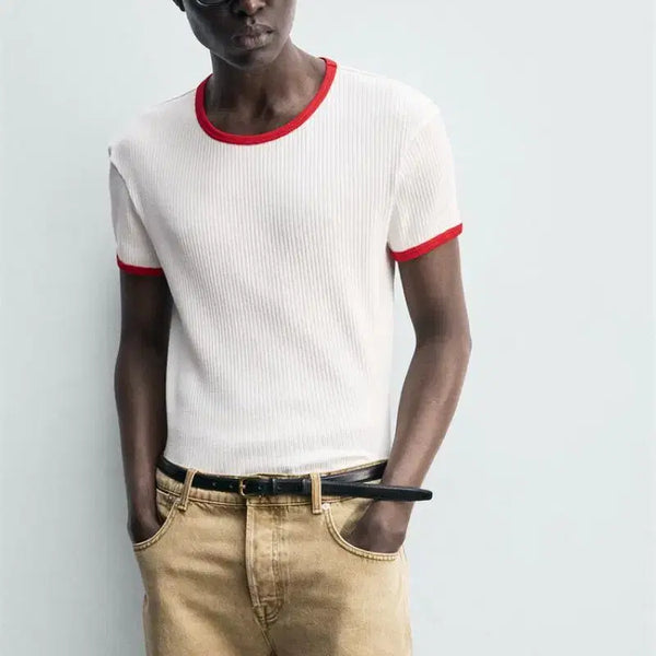 [BUNJANG] Zara Contrast Pattern Ribbed Ringer T-Shirt White Red M / 자라 콘트라스트 패턴 리브드 링거티 화이트 레드 반팔티 M