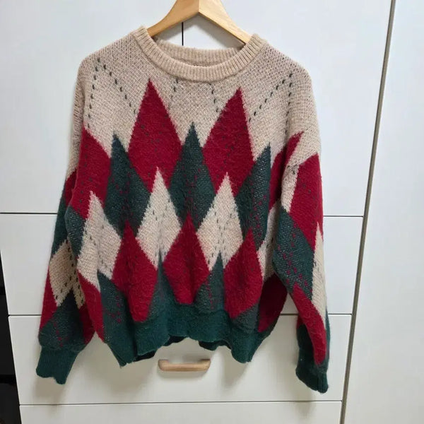 [BUNJANG] Argyle Knit Sweater - Beige/Red/Green - Size S (Oversized Fit) / 아가일니트 S사이즈 오버핏