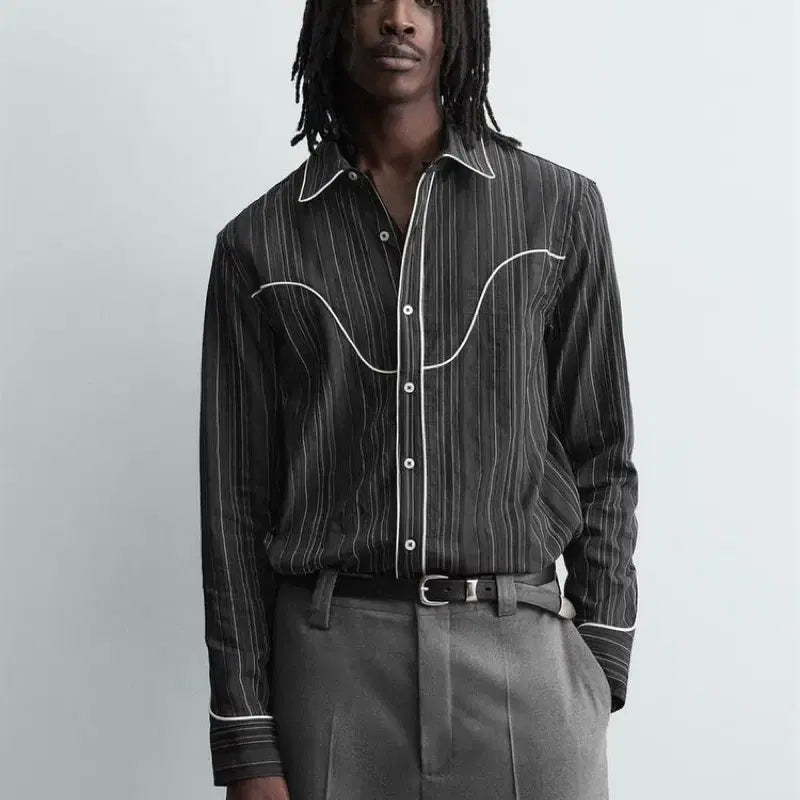 [BUNJANG] Zara Western Piping Stripe Shirt Dark Grey L / 자라 웨스턴 파이핑 스트라이프 셔츠 다크 그레이 L