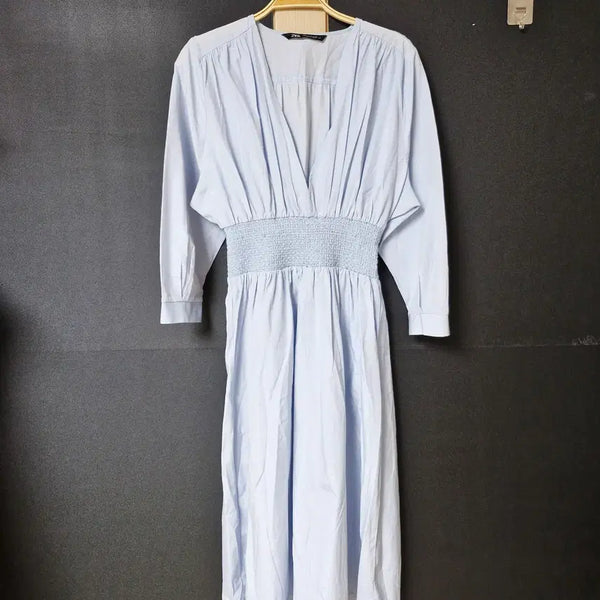 [BUNJANG] ZARA Deep V Smocked Maxi Dress Blue M / 진짜만원 자라 딥브이 스모크 롱원피스 블루 M