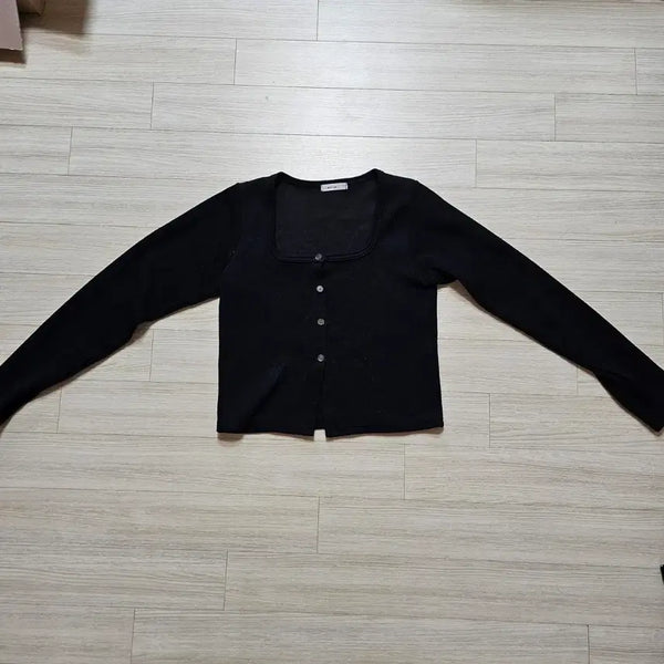 [BUNJANG] Black Ribbed U-Neck Cardigan Hand Warmer / 블랙 골지 핸드워머 U넥 가디건