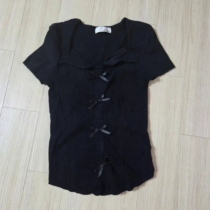 [BUNJANG] Ribbed Short Sleeve T-Shirt Black / 리본 골지반팔 블랙