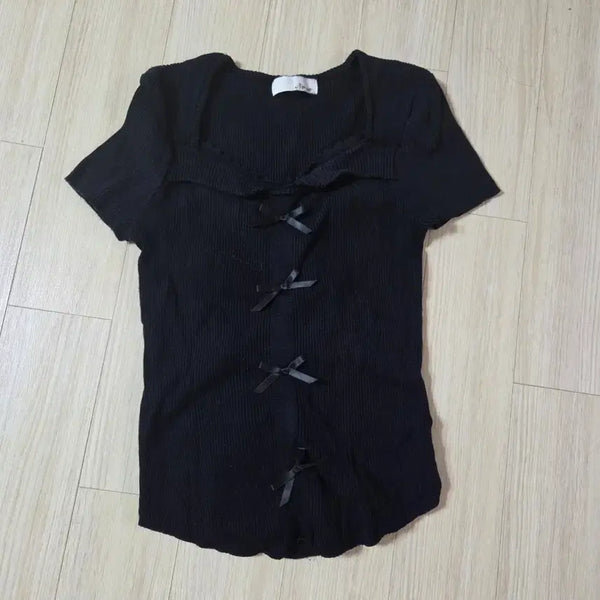 [BUNJANG] Ribbed Short Sleeve T-Shirt Black / 리본 골지반팔 블랙