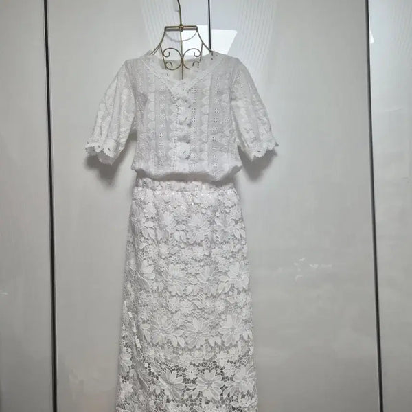 [BUNJANG] White Lace Blouse and Skirt Set / 화이트 레이스 블라우스+ 스커트