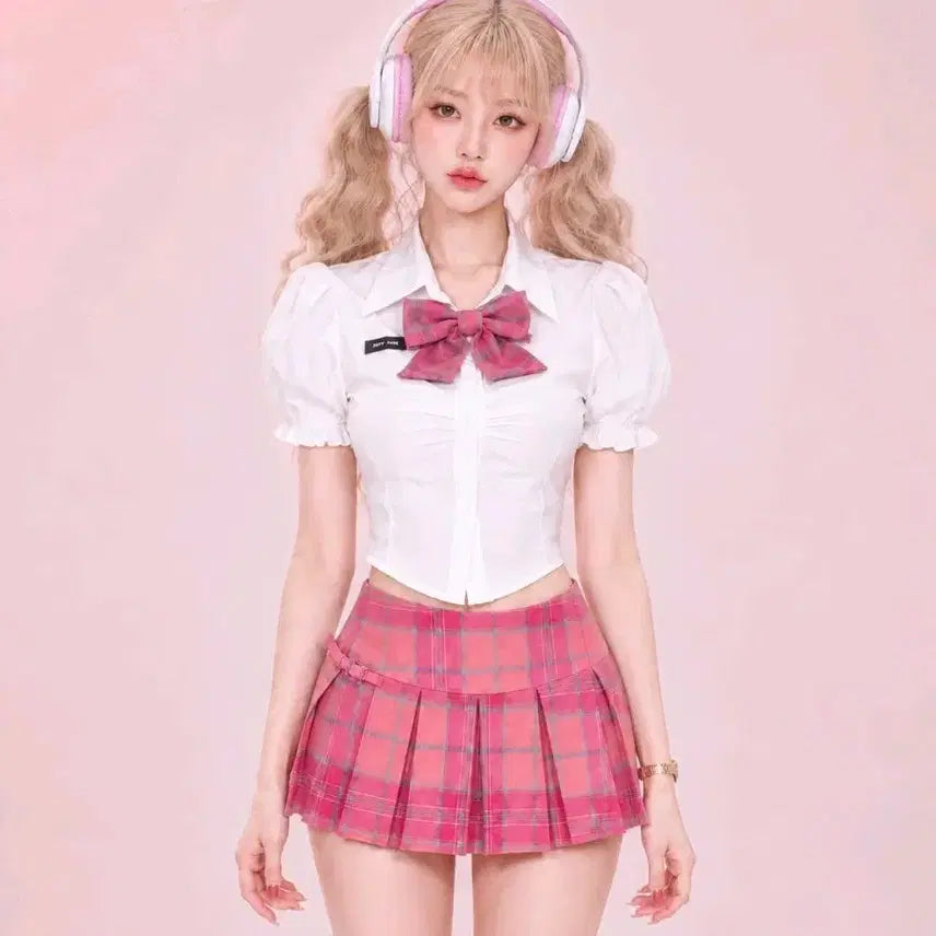 [BUNJANG] Pink Sailor Twin Set (Ribbon Blouse & Skirt) / 핑크세라복 핑크투피스 세일러복 투피스 하이틴룩 수입의류 세라복 아이돌 걸그룹 옷 의상 갸루 키치룩 에이블리 무대의상 놀이공원 롯데월드 에버랜드