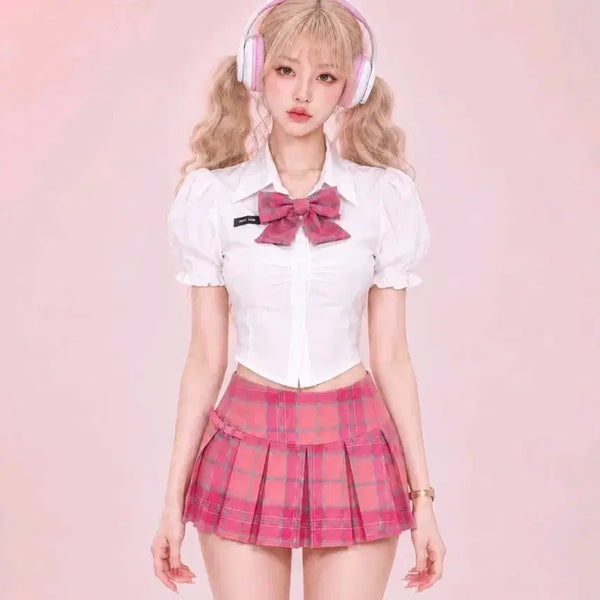 [BUNJANG] Pink Sailor Twin Set (Ribbon Blouse & Skirt) / 핑크세라복 핑크투피스 세일러복 투피스 하이틴룩 수입의류 세라복 아이돌 걸그룹 옷 의상 갸루 키치룩 에이블리 무대의상 놀이공원 롯데월드 에버랜드