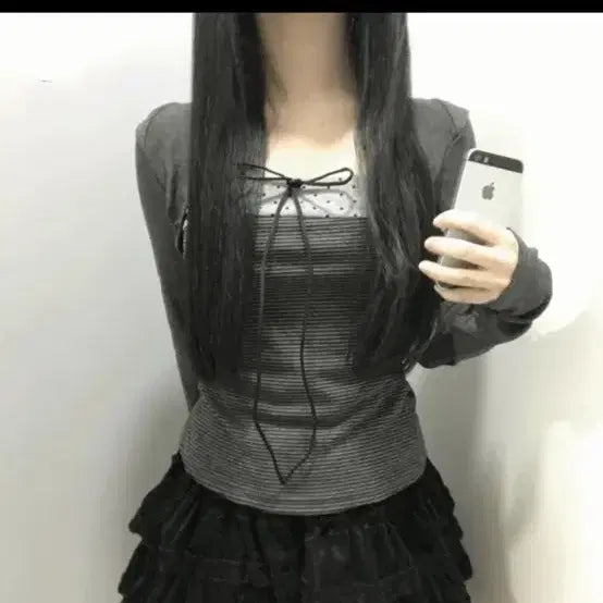 [BUNJANG] Dot Ribbon Stripe T Charcoal / 도트 리본 줄무늬 T Charcol