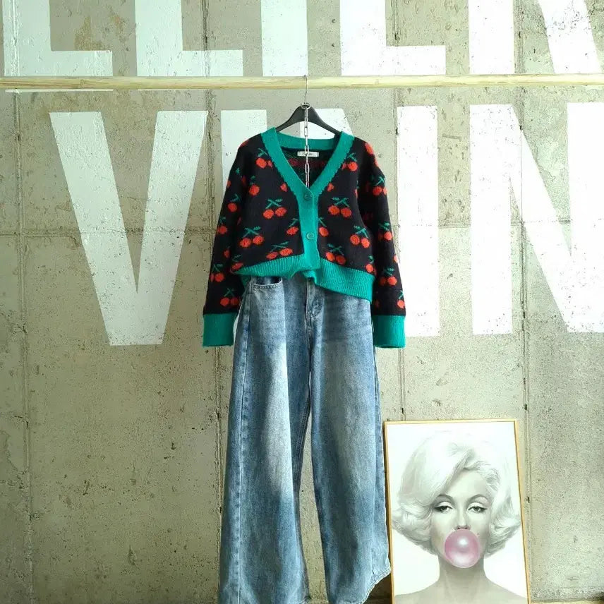 [BUNJANG] Cherry Pattern Crop Knit Cardigan / 행사9)체리 패턴 크롭 니트가디건