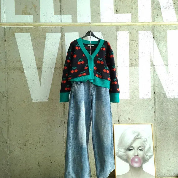 [BUNJANG] Cherry Pattern Crop Knit Cardigan / 행사9)체리 패턴 크롭 니트가디건