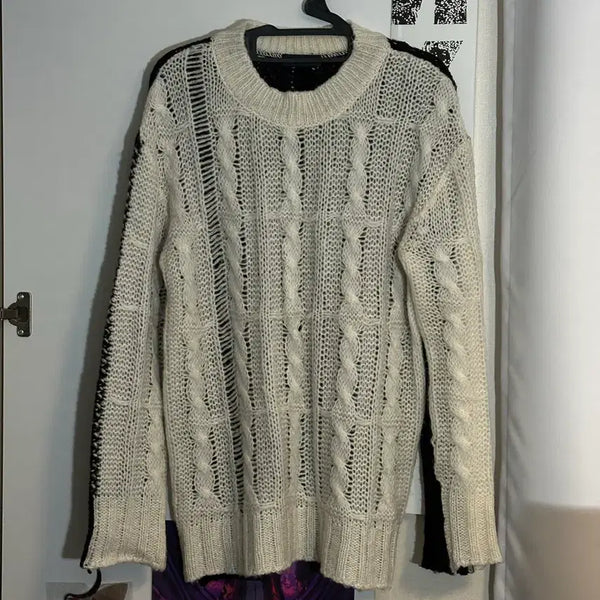 [BUNJANG] Colorblock Mesh Knit Sweater - Ivory & Black / 앞뒤 배색 그물 니트 아이보리 앤 블랙