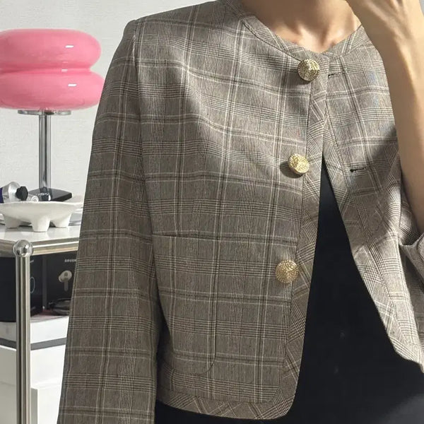 [BUNJANG] G-CUT Check 7-Sleeve Jacket Brown / 지컷 체크 자켓 브라운 칠부 66 새제품