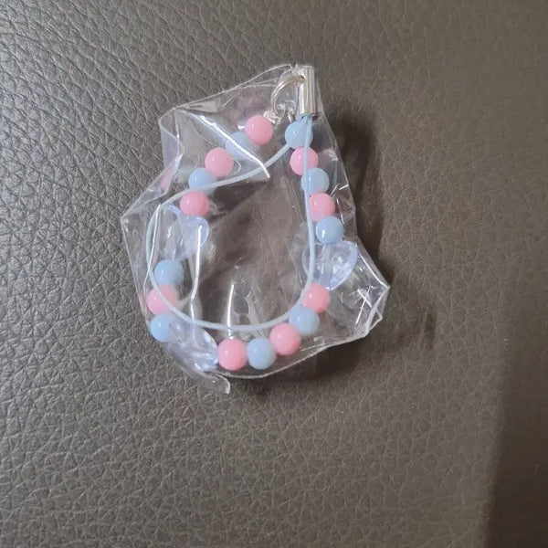 [BUNJANG] Beaded Strap Keychain Pink/Blue with Clear Heart Charm / 비즈 핑크/블루 스트랩 키링