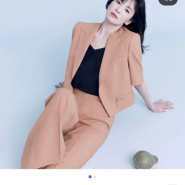 [BUNJANG] MICHAA Short-Sleeve Jacket & Wide Pants Set-up (Light Pink, Size 55) / 미샤 MICHAA 송혜교 화보룩 반팔 자켓+팬츠 셋업 55