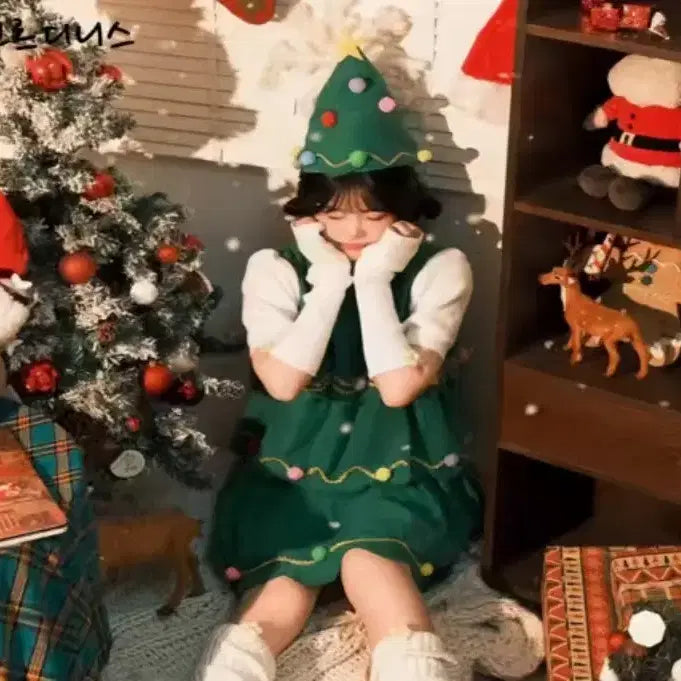 [BUNJANG] Christmas Tree Party Dress Set with Hat Costume / 크리스마스 트리 파티 원피스 세트 모자 연말원피스 트리 코스튬