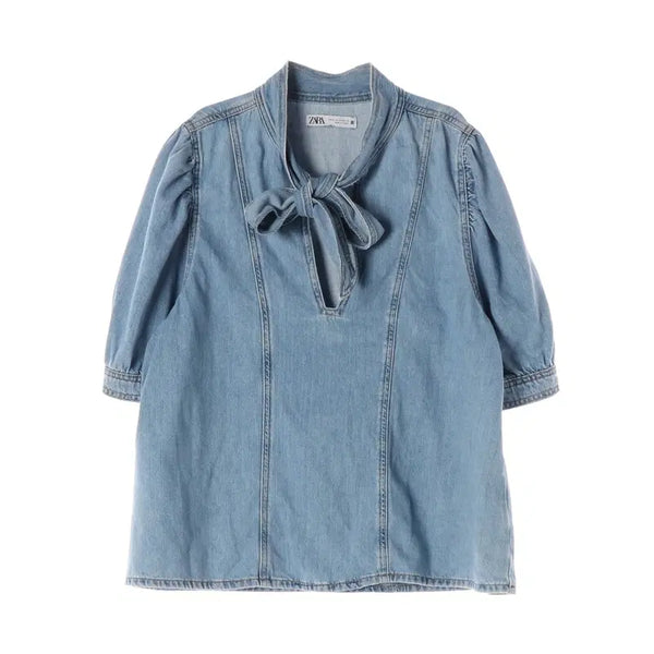 [BUNJANG] Zara Cotton Ribbon Denim Blouse XL / 자라 코튼 리본 데님 블라우스 XL