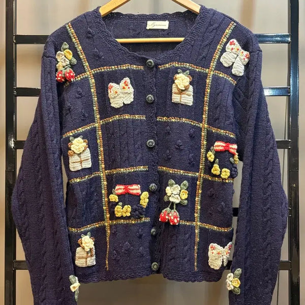 [BUNJANG] My Romance Navy Embroidered Wool Cardigan / [M~L] 마이로맨스 네이비 입체 자수 울 가디건 3.5