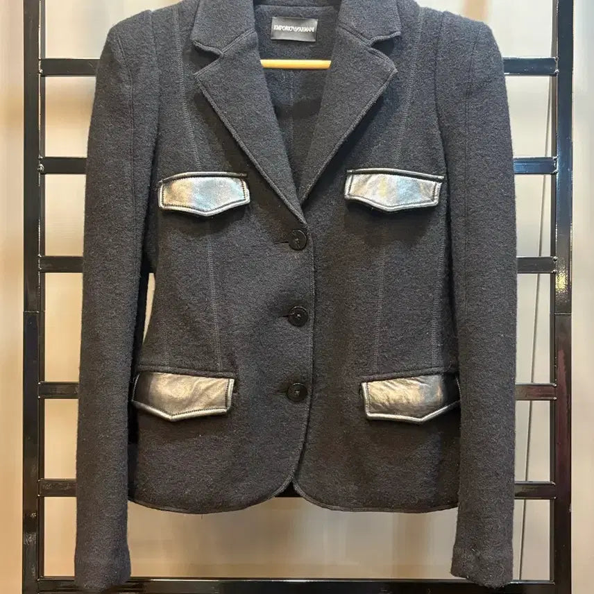 [BUNJANG] Emporio Armani Black Leather Trim Wool Blazer Jacket / [41] 엠포리오 아르마니 (EMPORIO ARMANI) 블랙 레더 배색 울 블레이저 자켓6.9