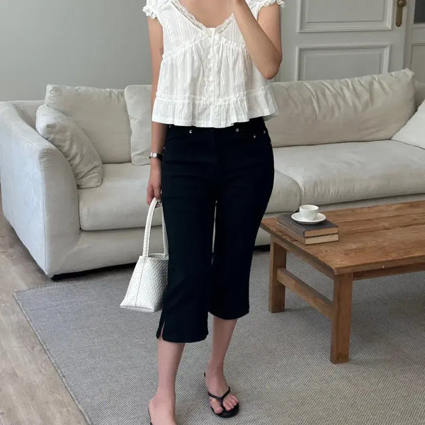 [BUNJANG] Black Slit 7/10 Sleeve Capri Pants / 블랙 트임 7부 카프리팬츠