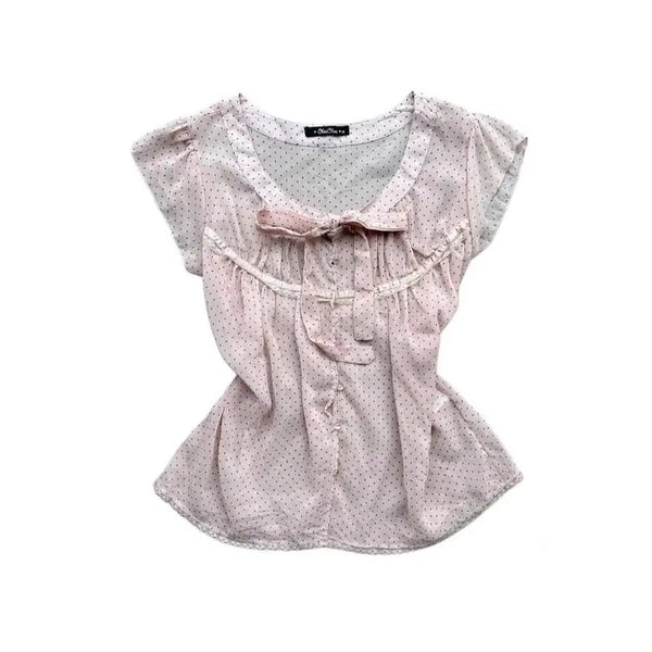 [BUNJANG] Pink Dot Ribbon Blouse / 핑크 도트 리본 블라우스 히메갸루 히메카지 러블리 일브 빈티지