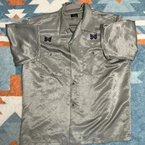 [BUNJANG] Needles Short Sleeve Cowboy One-Up Poly Slub Satin Shirt Blue / 니들스 숏슬리브 카우보이 원업 폴리 슬럽 사틴 서츠 블루