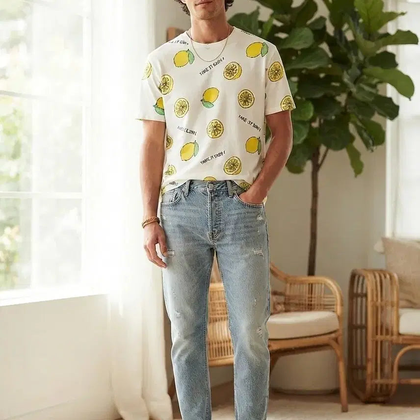 [BUNJANG] Chip Clip Lemon Pattern Short Sleeve T-Shirt / 칩클립 레몬 패턴 반팔티 100  공용