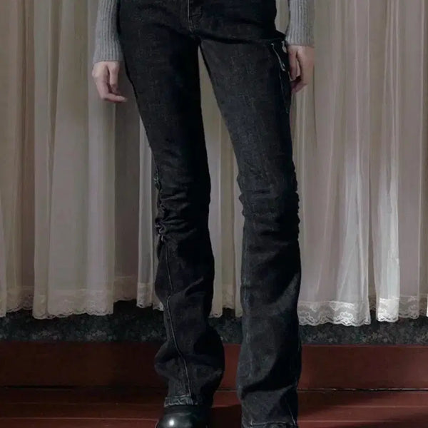 [BUNJANG] Bohemian Seoul Snow Washed Leg Shirring Bootcut Denim Jeans / 보헤미안서울 보헴서 부츠컷 데님 SNOW WASHED LEG SHIRRING JEANS