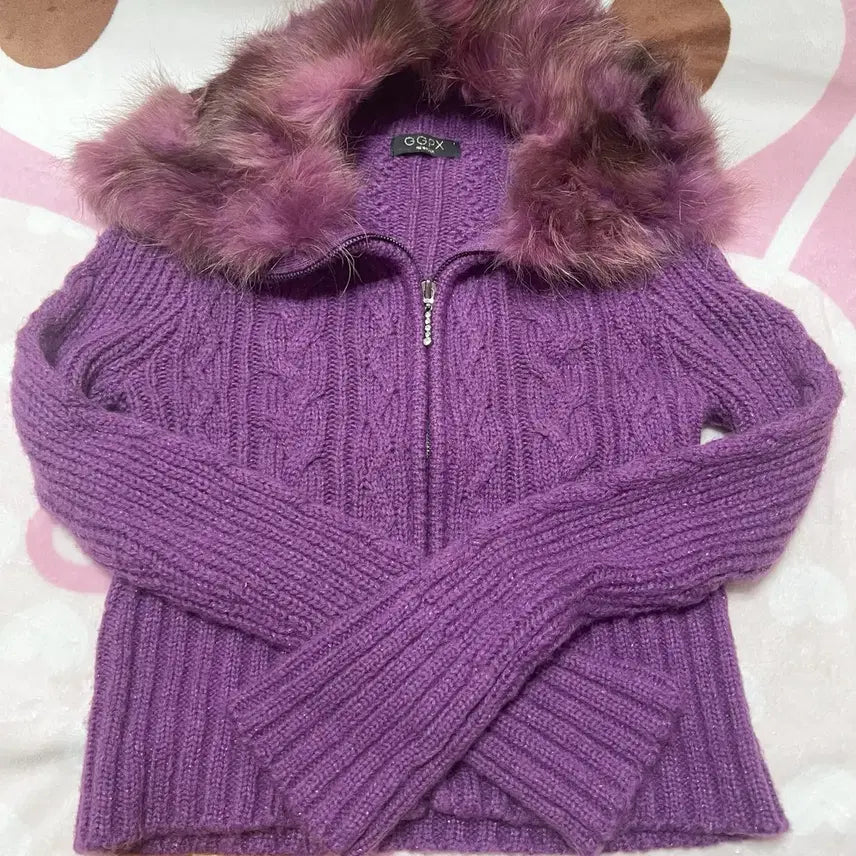 [BUNJANG] GGPX Vintage Cable Knit Cardigan with Metallic Thread / 옷 빈티지 벼룩 | GGPX 퍼 카라 꽈배기 니트 가디건
