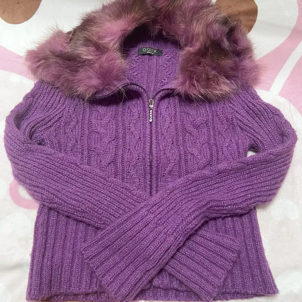 [BUNJANG] GGPX Vintage Cable Knit Cardigan with Metallic Thread / 옷 빈티지 벼룩 | GGPX 퍼 카라 꽈배기 니트 가디건
