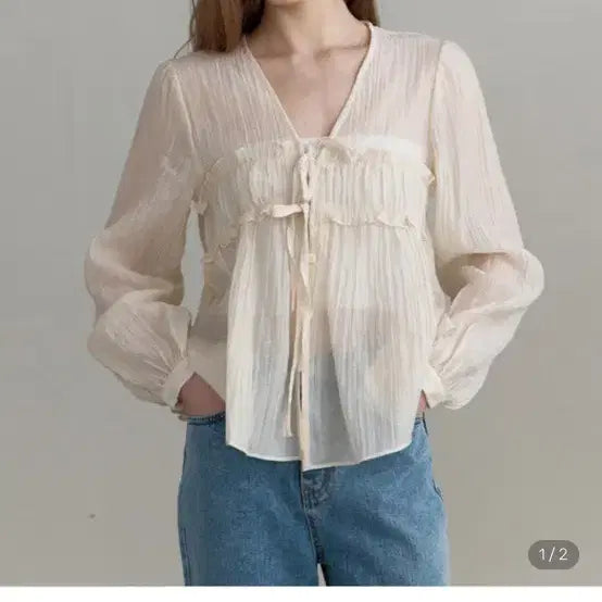[BUNJANG] Oveof Shirring Blouse Beige / 오브오브 oveof 셔링 블라우스 베이지