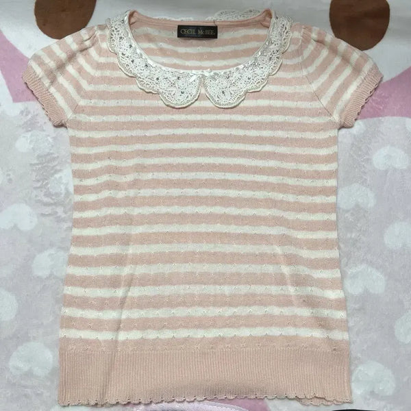 [BUNJANG] Cecile Mcbee Cubic Lace Short Sleeve Knit / 옷 빈티지 벼룩 | 세실맥비 큐빅 레이스 카라 반팔 니트