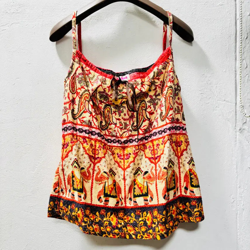 [BUNJANG] Ethnic Print Ribbon Detail Spaghetti Strap Top / 에스닉 프린팅 리본 포인트 끈나시