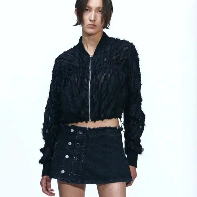 [BUNJANG] Andersson Bell Black Lace Cropped Bomber Jacket XS / 앤더슨벨 오버 레이스 크롭 봄버 자켓 xs