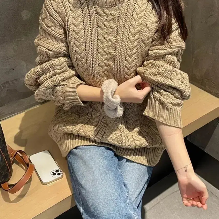 [BUNJANG] Unisex Cable Knit Sweater - Beige / 남여공용 케이블 니트 스웨터 베이지