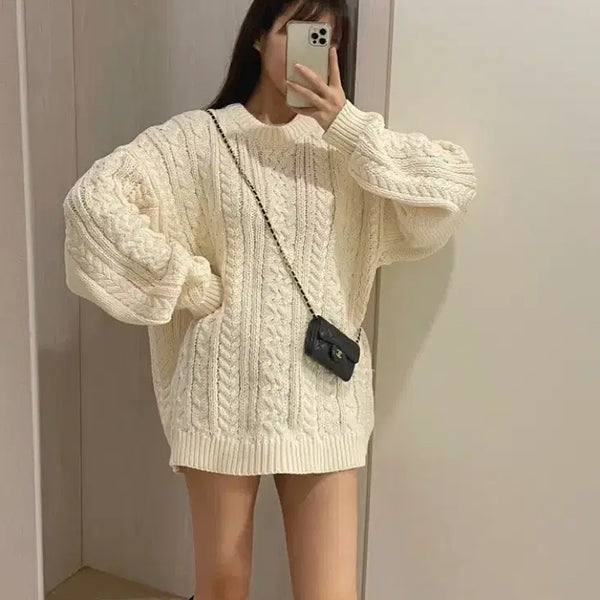 [BUNJANG] Unisex Cable Knit Sweater - Ivory / 남여공용 케이블 니트 스웨터 아이보리