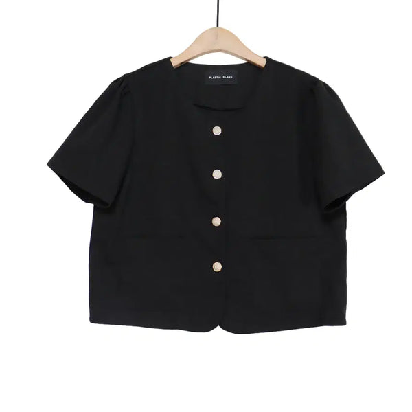 [BUNJANG] Plastic Island Black Collarless Cropped Jacket / PLASTIC ISLAND 플라스틱아일랜드 블랙 노카라 금장버튼 자켓 FREE