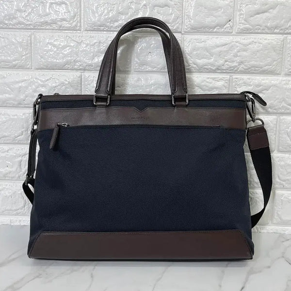 [BUNJANG] Beanpole Men's Navy Brown Leather Briefcase Tote Bag / [정품] 빈폴 남성 네이비 브라운 서류가방 토트백