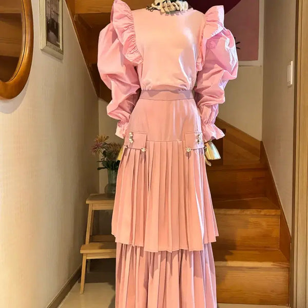 [BUNJANG] Pink Frill Puff Sleeve Blouse and Pleated Skirt Set / 핑크 프릴 퍼프 소매 블라우스 + 플리츠 스커트