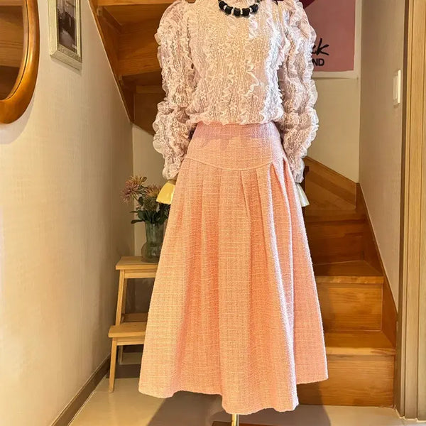 [BUNJANG] Pink Lace Bustier Skirt and Blouse Set / 핑크 레이스 뷔스티에 스커트  앤 블라우스