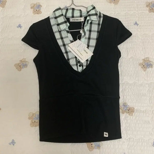 [BUNJANG] Mireco Layered Collar T-Shirt Mint Black / 미레코 LAYERED COLLAR T MINT BLACK