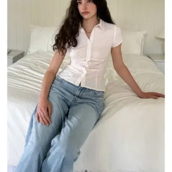 [BUNJANG] Dimanche Slim Stripe Shirt (Pink) / 디망슈 슬림 스트라이프 셔츠 (핑크)